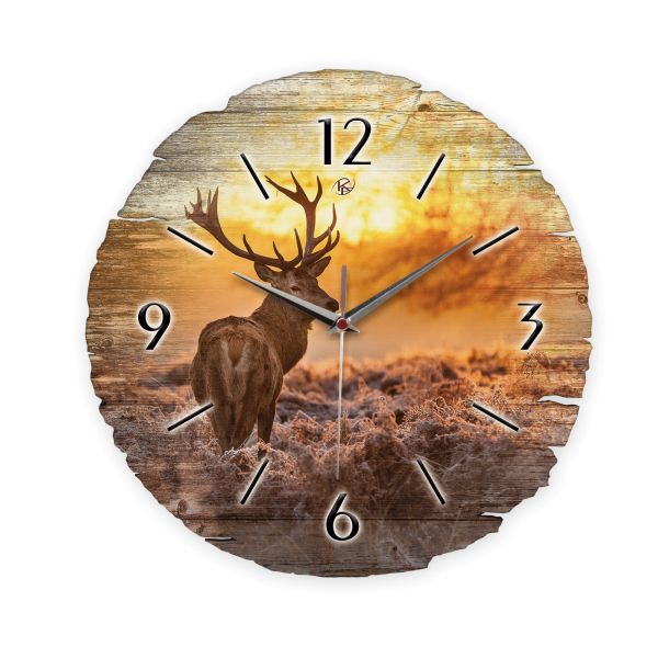 Runde Designer-Wanduhr "Hirsch" aus Naturholz