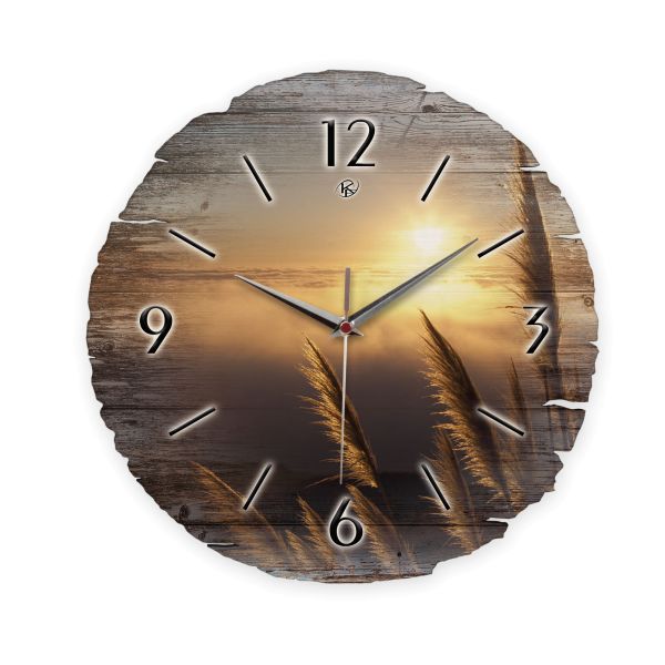 Runde Designer-Wanduhr "Gräser im Sonnenlicht" aus Naturholz