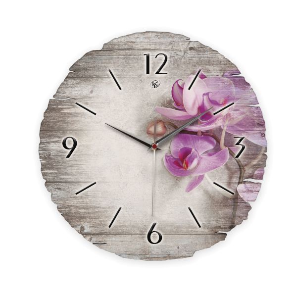 Runde Designer-Wanduhr "Orchideen" aus Naturholz