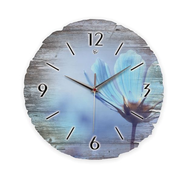 Runde Designer-Wanduhr "Blaue Blume" aus Naturholz