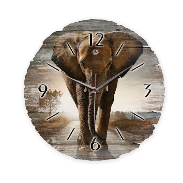 Runde Designer-Wanduhr "Elefant" aus Naturholz