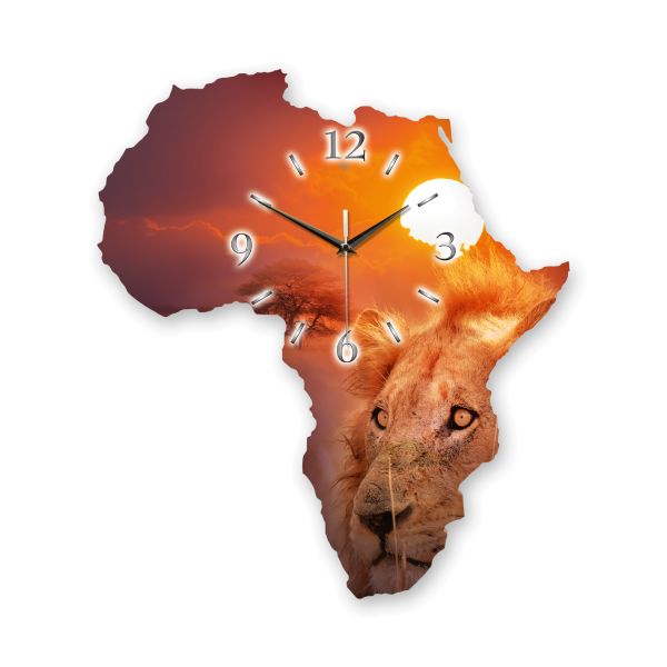 Design-Wanduhr „Afrika“ in Landkarten-Form mit Motiv und flüsterleisem Uhrwerk | B-Ware