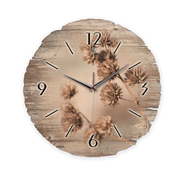 Runde Designer Wanduhr "Trockenblumen" aus Naturholz