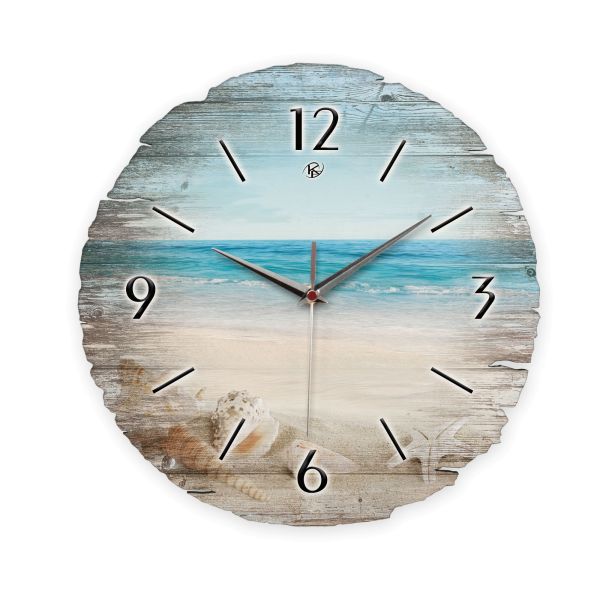 Runde Designer-Wanduhr "Insel Strand" aus Naturholz