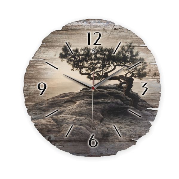 Runde Designer-Wanduhr "Einsamer Baum" aus Naturholz