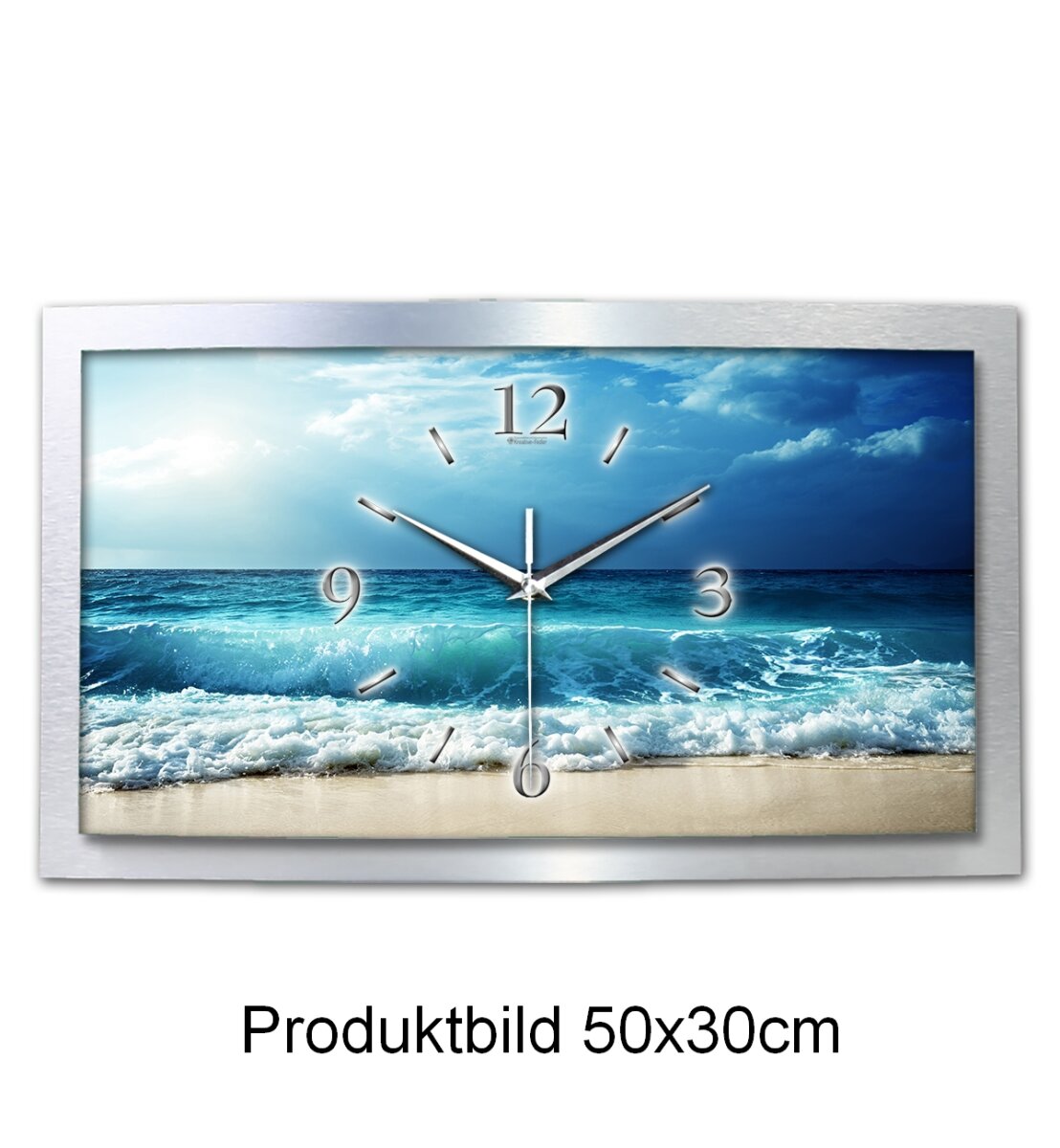 Ocean – gewölbte 3D-Wanduhr mit silbernem Alu-Rahmen