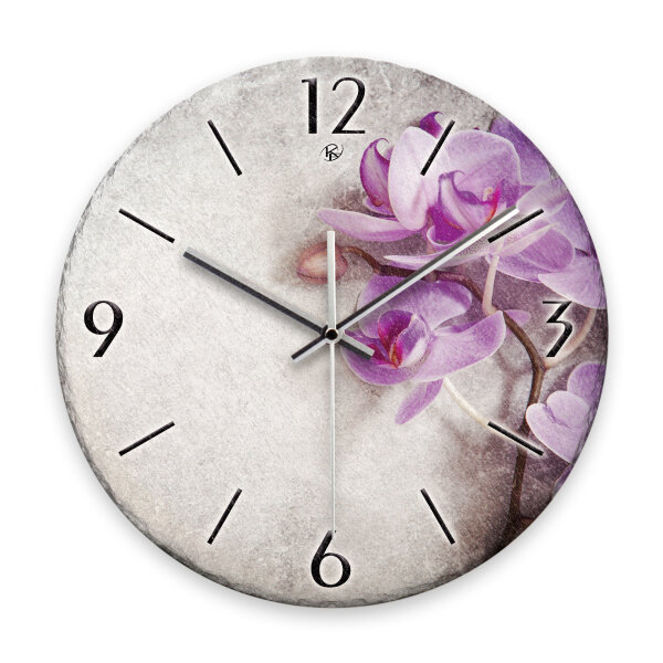 Orchidee Design-Wanduhr aus Steinguss mit leisem Uhrwerk