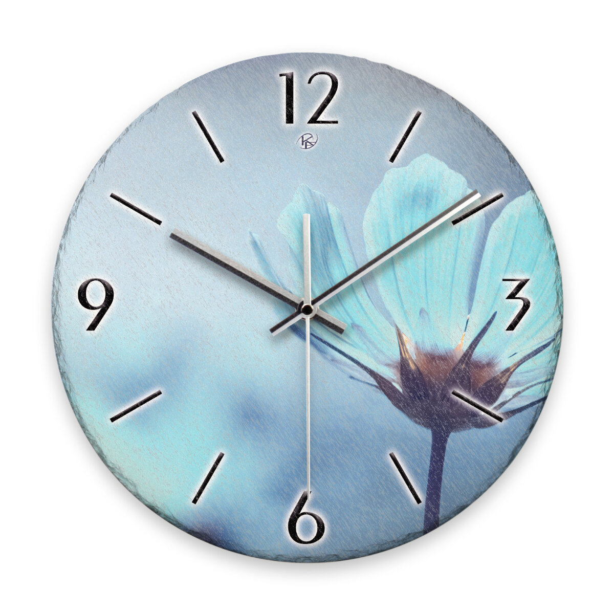 Blaue Blüten Design-Wanduhr aus Steinguss mit leisem Uhrwerk