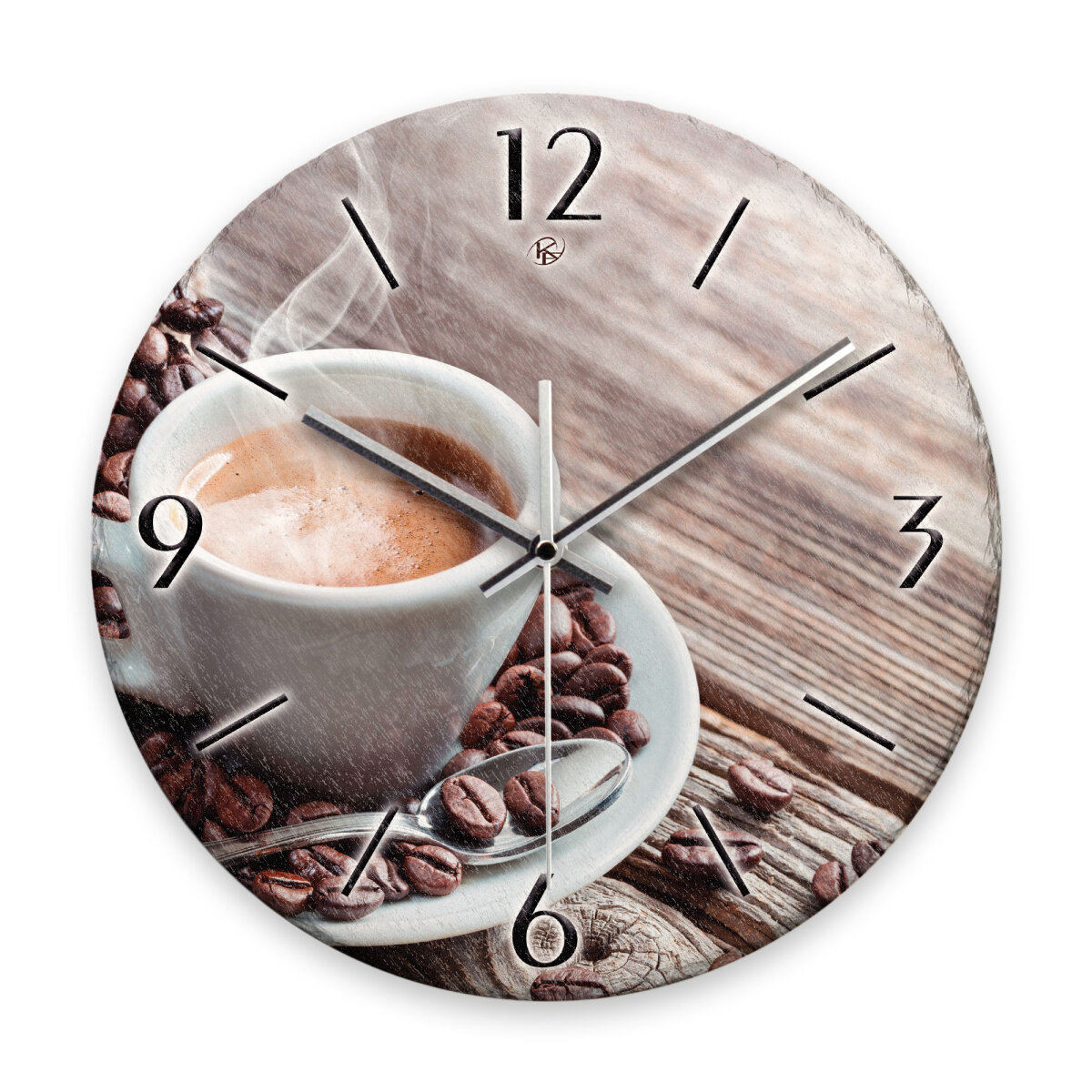 Kaffee Design-Wanduhr aus Steinguss mit leisem Uhrwerk
