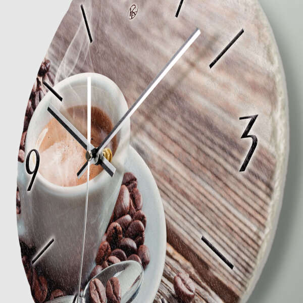 Kaffee Design-Wanduhr aus Steinguss mit leisem Uhrwerk