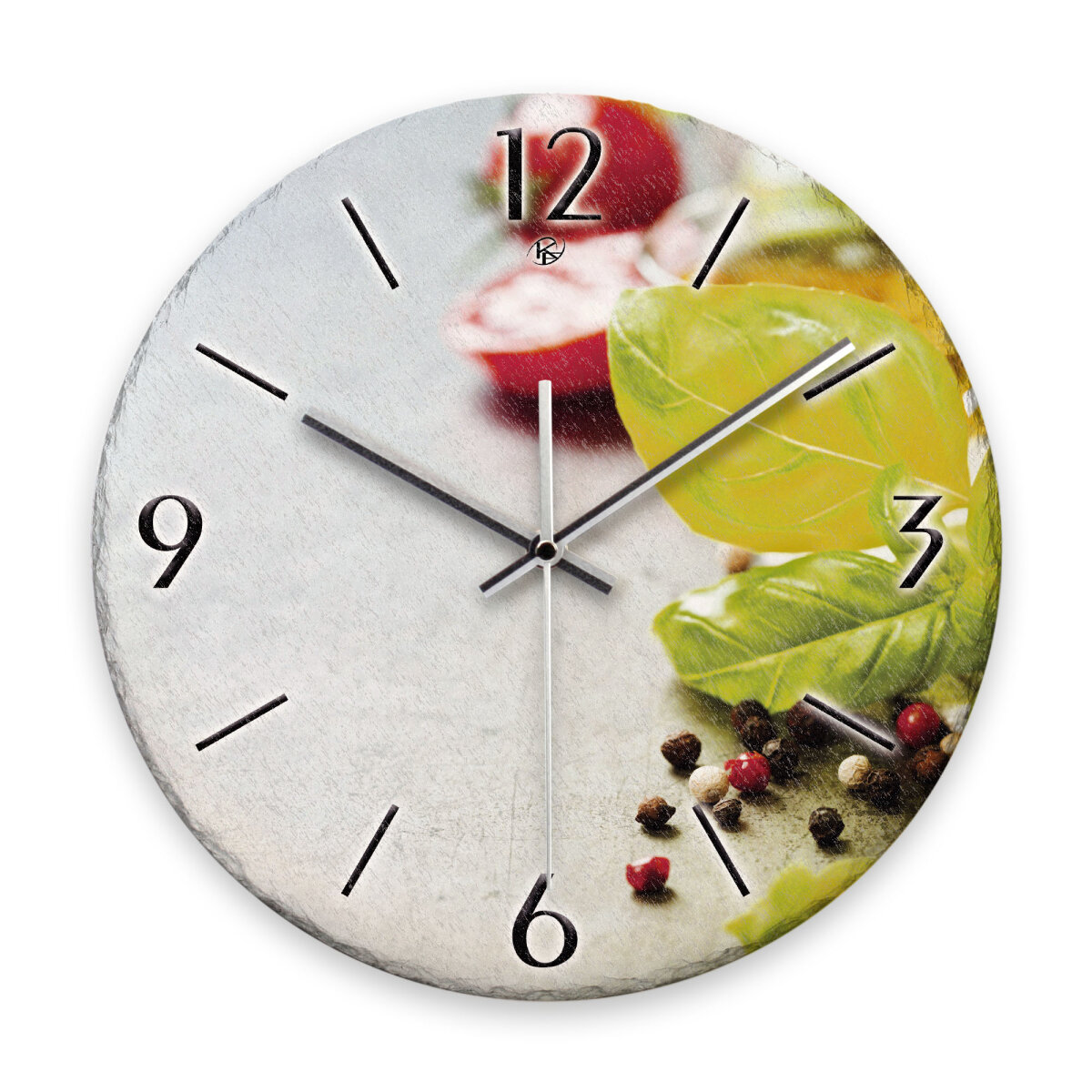 Tomate & Basilikum Design-Wanduhr aus Steinguss mit leisem Uhrwerk