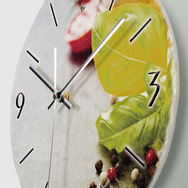 Tomate & Basilikum Design-Wanduhr aus Steinguss mit leisem Uhrwerk