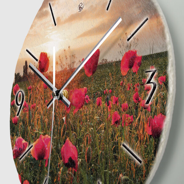 Mohnblumen-Feld Design-Wanduhr aus Steinguss mit leisem Uhrwerk