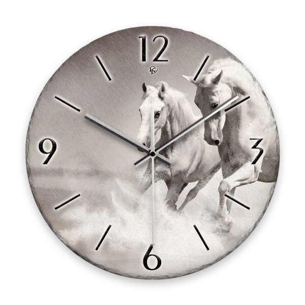 Weiße Pferde Design-Wanduhr aus Steinguss mit...