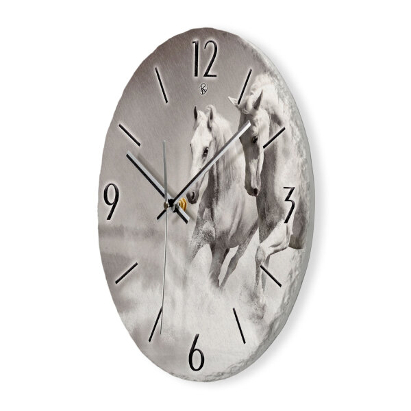Weiße Pferde Design-Wanduhr aus Steinguss mit leisem Uhrwerk