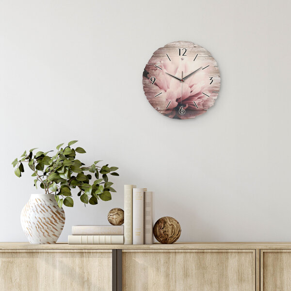 Dahlie Runde Designer-Wanduhr aus Holz – leises Uhrwerk