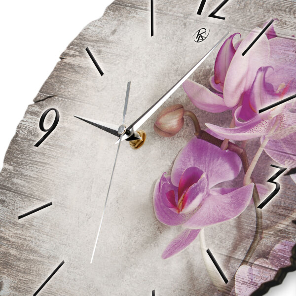 Orchidee Runde Designer-Wanduhr aus Holz – leises Uhrwerk
