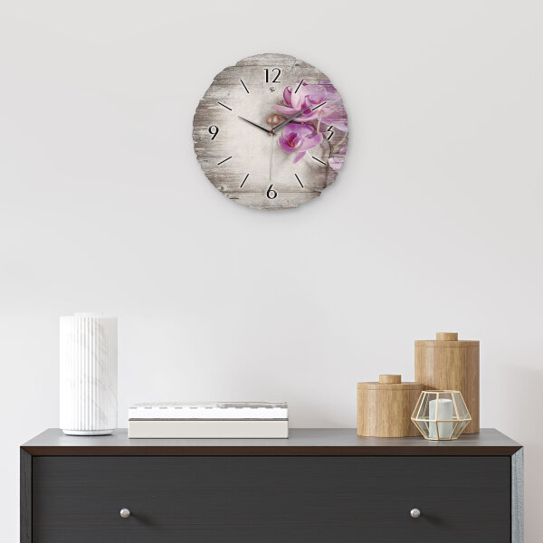 Orchidee Runde Designer-Wanduhr aus Holz – leises Uhrwerk