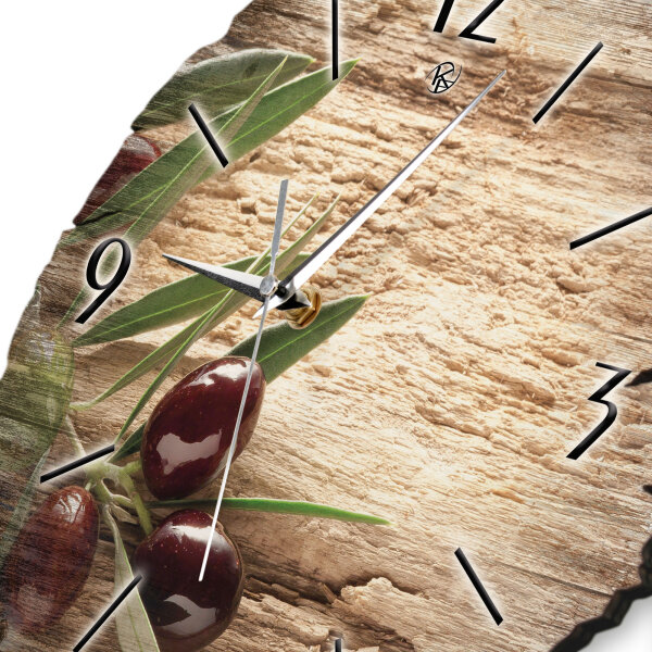 Oliven Zweig Runde Designer-Wanduhr aus Holz – leises Uhrwerk