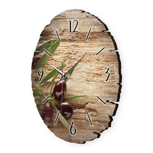 Oliven Zweig Runde Designer-Wanduhr aus Holz – leises Uhrwerk