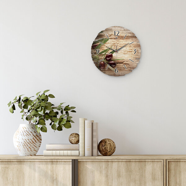 Oliven Zweig Runde Designer-Wanduhr aus Holz – leises Uhrwerk