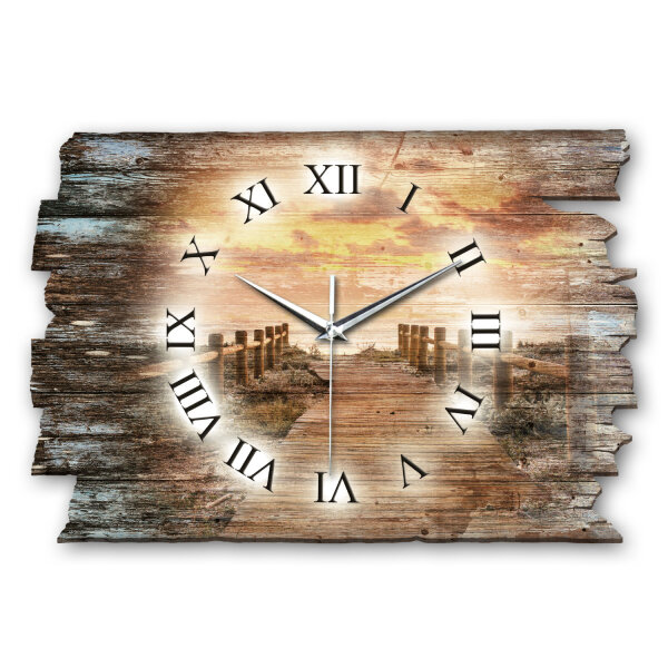 Steg bei Sonnenuntergang Designer-Wanduhr aus Holz...