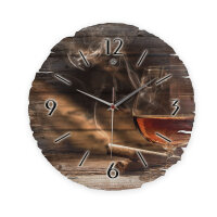 Whiskey & Zigarre Runde Designer-Wanduhr aus Holz – leises Uhrwerk