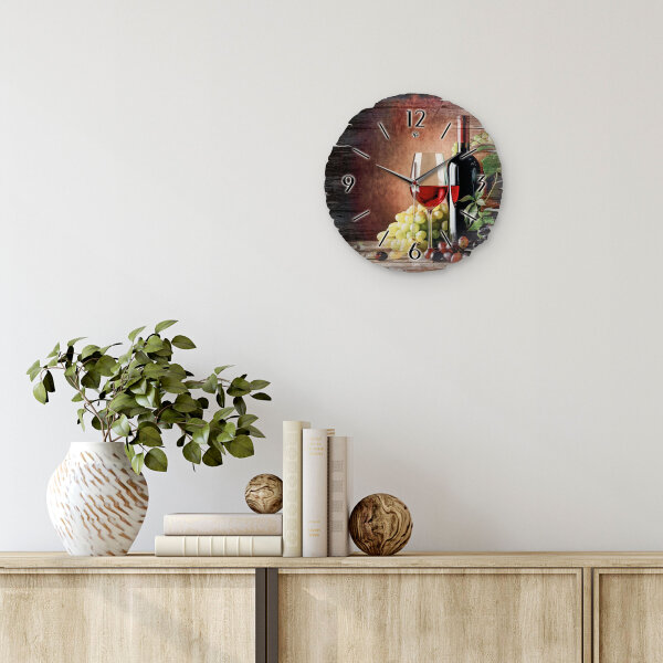Wein & Trauben Runde Designer-Wanduhr aus Holz – leises Uhrwerk