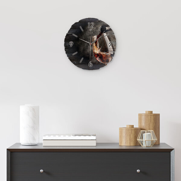 Rotwein Runde Designer-Wanduhr aus Holz – leises Uhrwerk