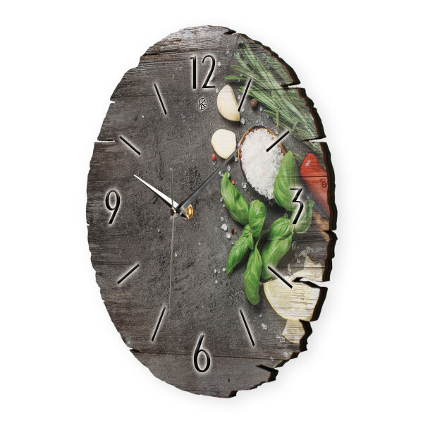 Kräuter & Gewürze Runde Designer-Wanduhr aus Holz – leises Uhrwerk