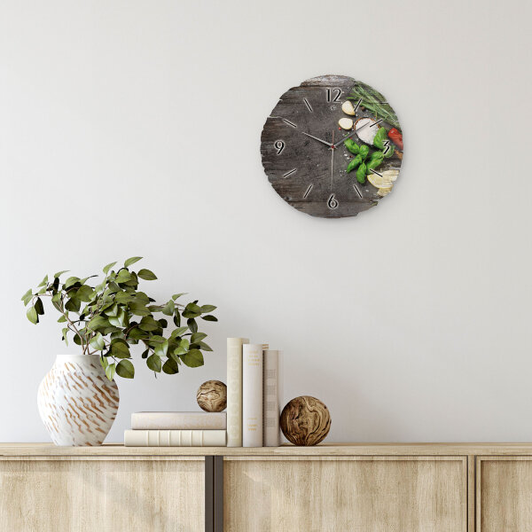 Kräuter & Gewürze Runde Designer-Wanduhr aus Holz – leises Uhrwerk