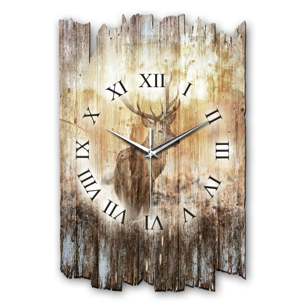 Hirsch im Nebel Designer-Wanduhr aus Holz – leises Uhrwerk