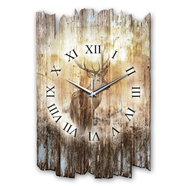 Hirsch im Nebel Designer-Wanduhr aus Holz – leises...