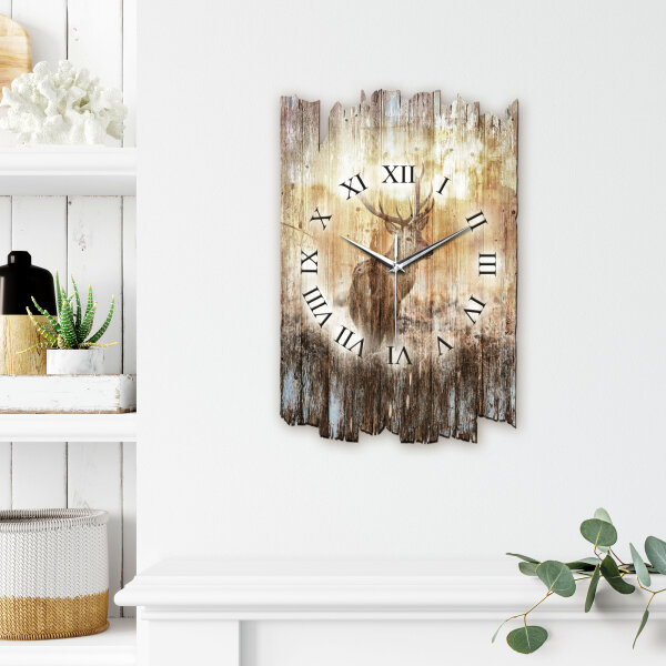 Hirsch im Nebel Designer-Wanduhr aus Holz – leises Uhrwerk