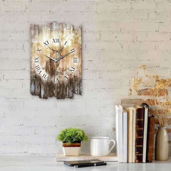 Hirsch im Nebel Designer-Wanduhr aus Holz – leises Uhrwerk