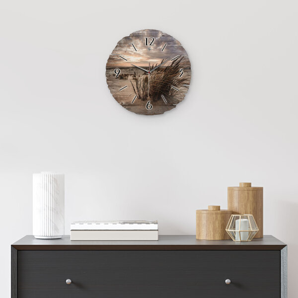 Sandstrand & Schilf Runde Designer-Wanduhr aus Holz – leises Uhrwerk