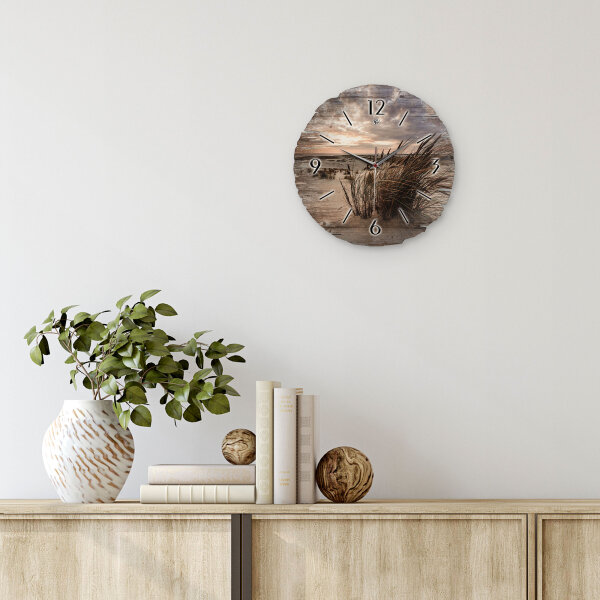 Sandstrand & Schilf Runde Designer-Wanduhr aus Holz – leises Uhrwerk
