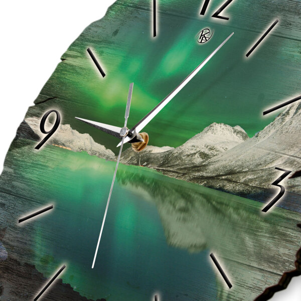 Polarlicht Runde Designer-Wanduhr aus Holz – leises Uhrwerk