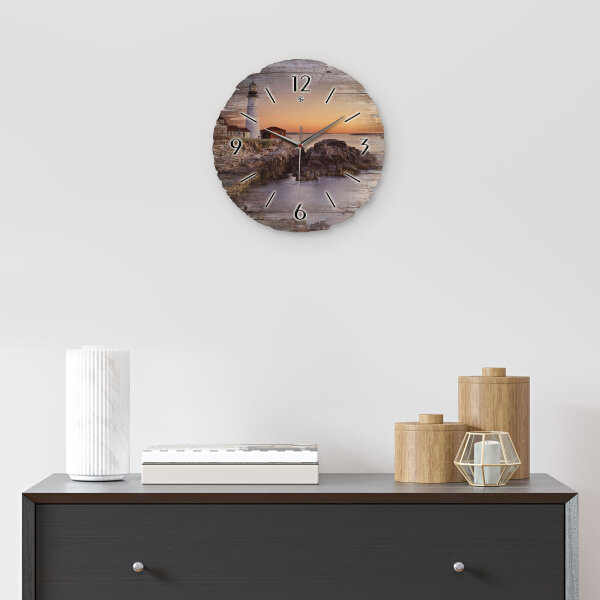 Leuchtturm am Abend Runde Designer-Wanduhr aus Holz – leises Uhrwerk