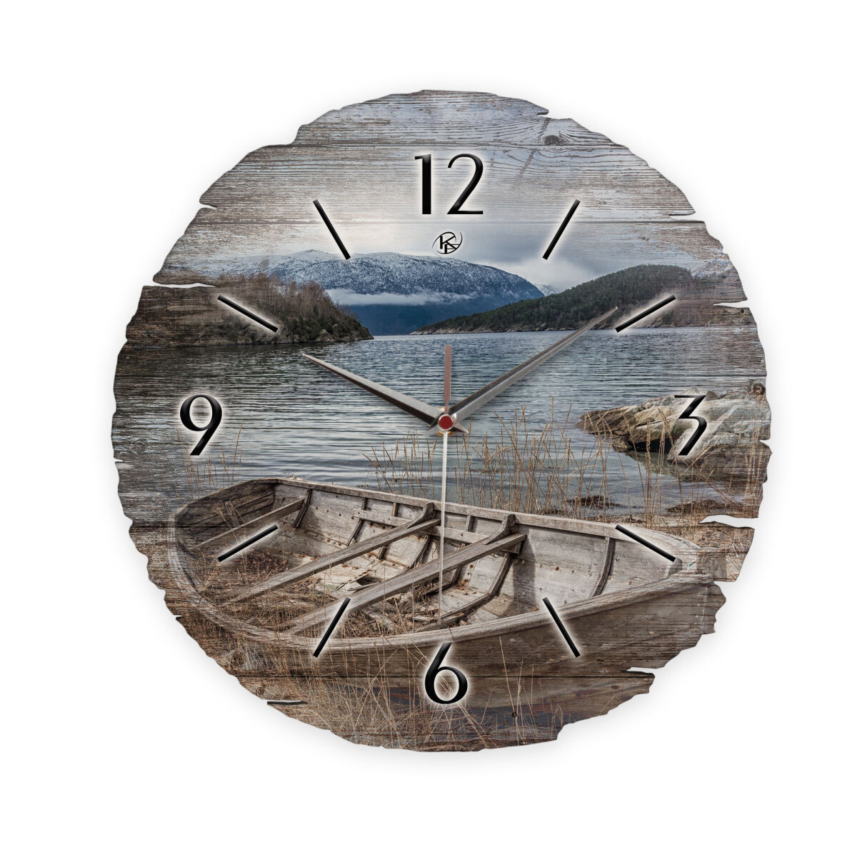 Boot am Ufer Runde Designer-Wanduhr aus Holz – leises Uhrwerk