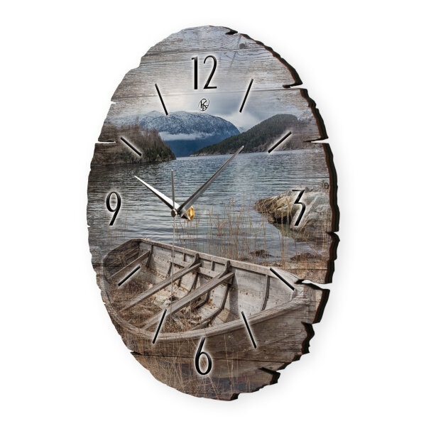 Boot am Ufer Runde Designer-Wanduhr aus Holz – leises Uhrwerk
