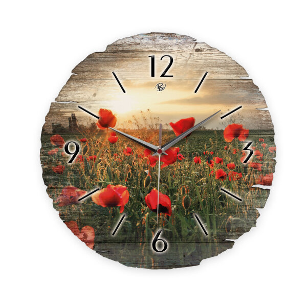 Mohnblumen-Feld Runde Designer-Wanduhr aus Holz –...