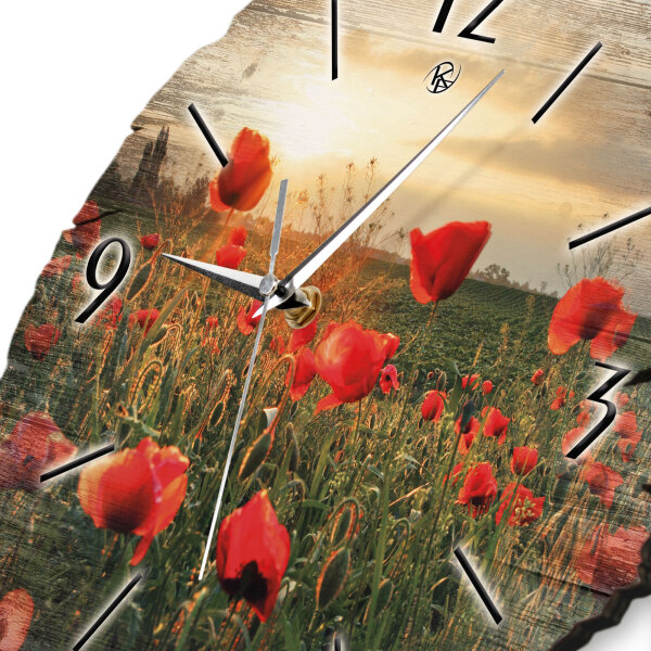 Mohnblumen-Feld Runde Designer-Wanduhr aus Holz – leises Uhrwerk