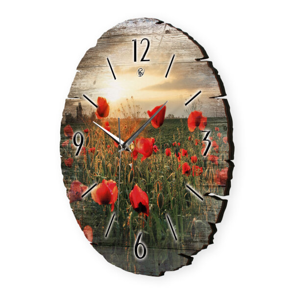 Mohnblumen-Feld Runde Designer-Wanduhr aus Holz – leises Uhrwerk