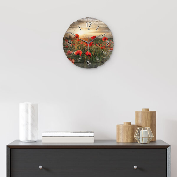 Mohnblumen-Feld Runde Designer-Wanduhr aus Holz – leises Uhrwerk