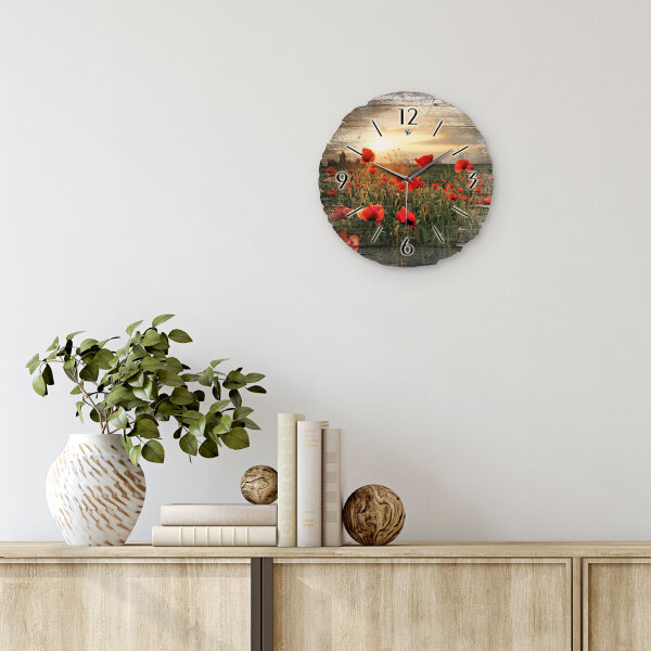 Mohnblumen-Feld Runde Designer-Wanduhr aus Holz – leises Uhrwerk