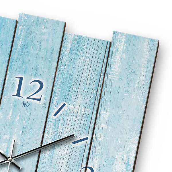 Design-Wanduhr "Altes Holz Hellblau" aus MDF mit flüsterleisem Uhrwerk | B-Ware