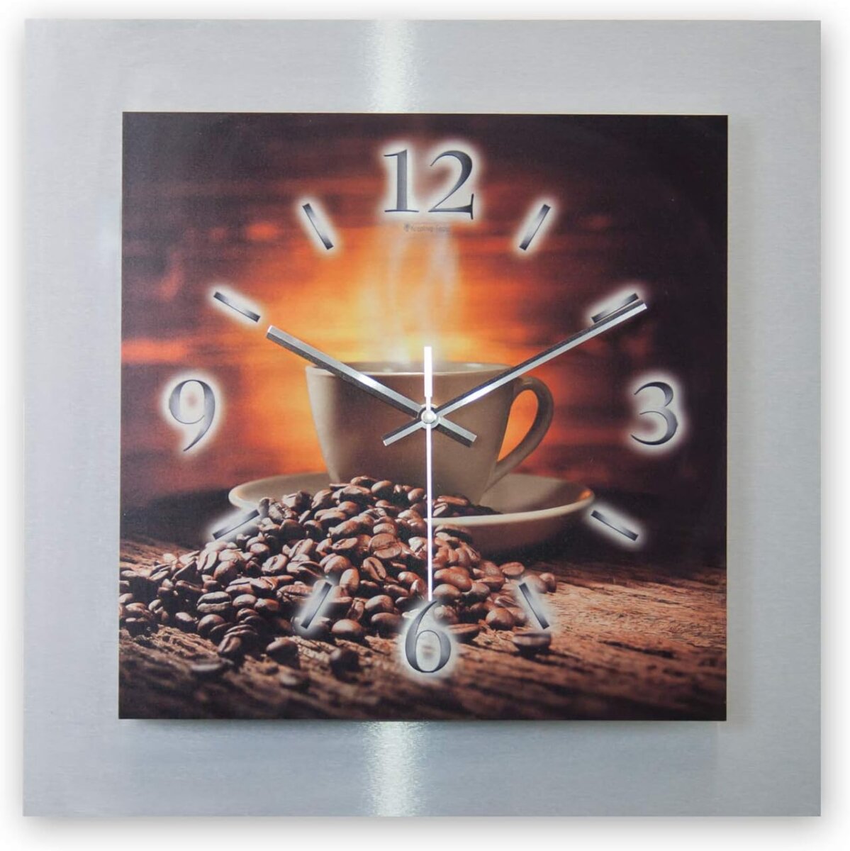 Kaffee Genuss – 3D Design-Wanduhr mit silbernem Alu-Rahmen
