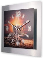 Kaffee Genuss – 3D Design-Wanduhr mit silbernem Alu-Rahmen
