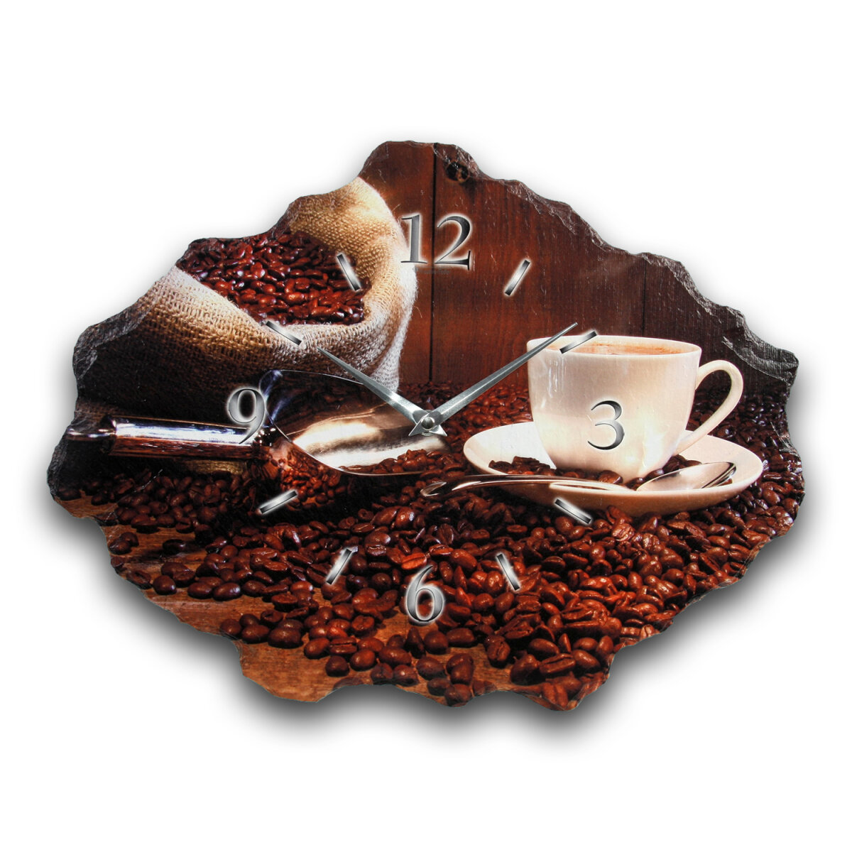 Kaffee Design-Wanduhr aus Steinguss mit leisem Uhrwerk